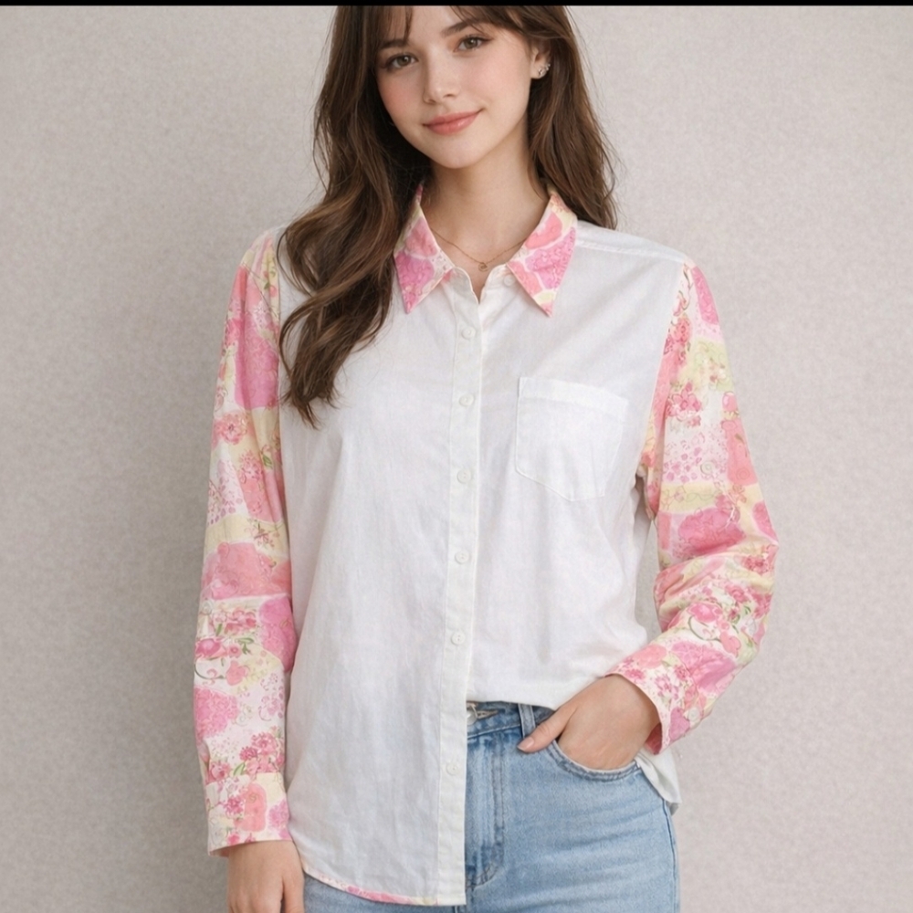 CJ Banks Vintage Women's Size 1X Linen Blend Button Front Shirt Floral Patchwork